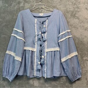 Boutique Emberley Blue Striped Blouse with Tassels Bohemian 
Babydoll Sz M NWOT